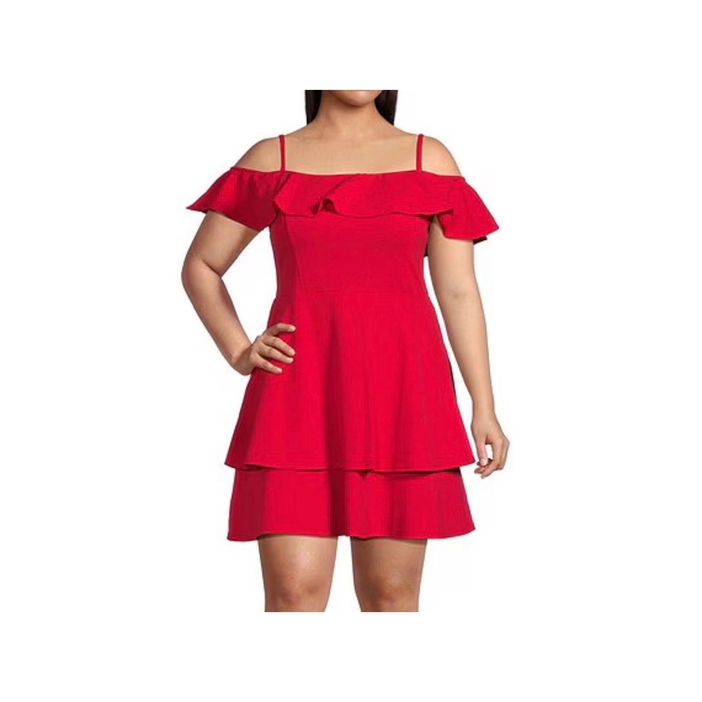 B Darlin Ruffle Cold Shoulder‎ Tiered Fit & Flare Party Dress Womens 17W Red